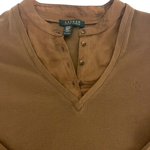 Lauren Ralph Lauren Womens Brown V Neck Henley Layered Look Top XL Casual Comfy - Picture 4 of 14